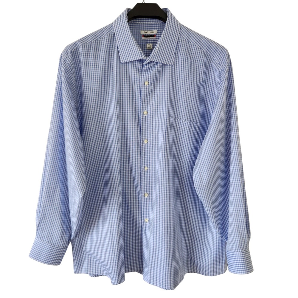 Van Heusen Mens Dress Shirt Blue Check Long Sleeve Button Front Size 34/35